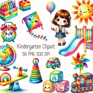 Clipart de jardín de infantes, clipart de preescolar, clipart de guardería, acuarela de regreso a clases, útiles escolares lindos, clipart para niños de guardería