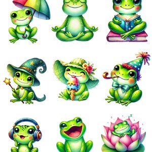 May include: Nine illustrations of green frogs in various poses and settings. One frog is meditating, one is reading a book, one is wearing a witch's hat, one is wearing a sun hat and eating ice cream, one is wearing a party hat and blowing a party horn, one is wearing headphones, one is laughing, one is sleeping in a pink lotus flower, and one is holding an umbrella.