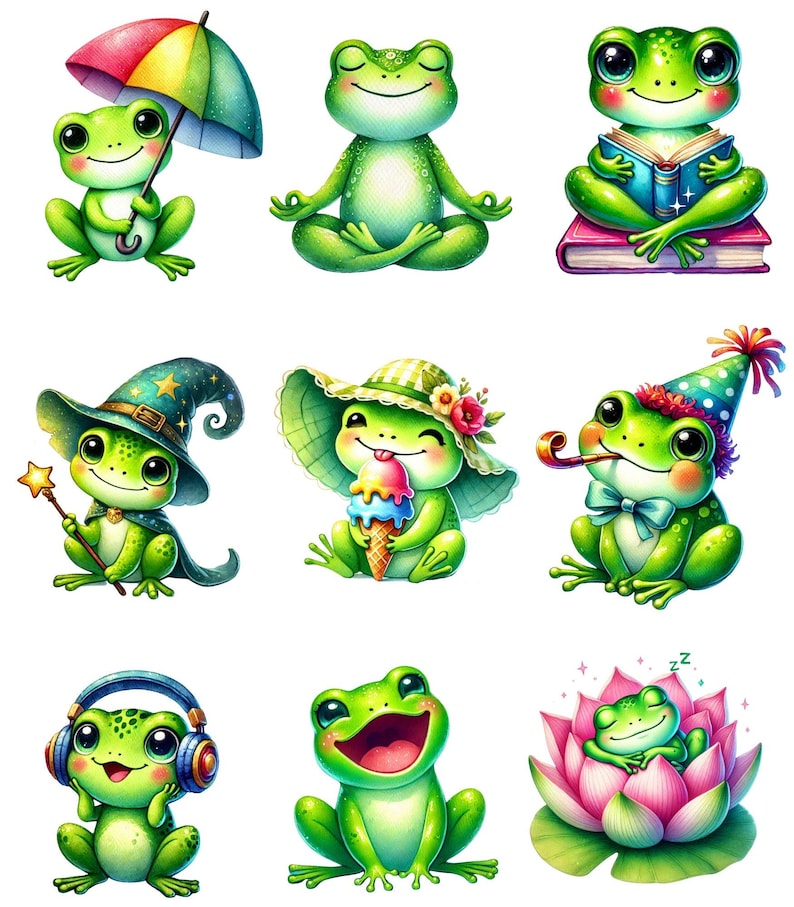 May include: Nine illustrations of green frogs in various poses and settings. One frog is meditating, one is reading a book, one is wearing a witch's hat, one is wearing a sun hat and eating ice cream, one is wearing a party hat and blowing a party horn, one is wearing headphones, one is laughing, one is sleeping in a pink lotus flower, and one is holding an umbrella.