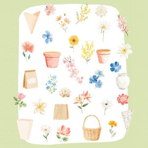 May include: Watercolor illustration of various flowers, pots, and gardening accessories. The image features a variety of colorful blooms, including roses, lilies, and daisies, along with small pots, paper bags, and a wicker basket.