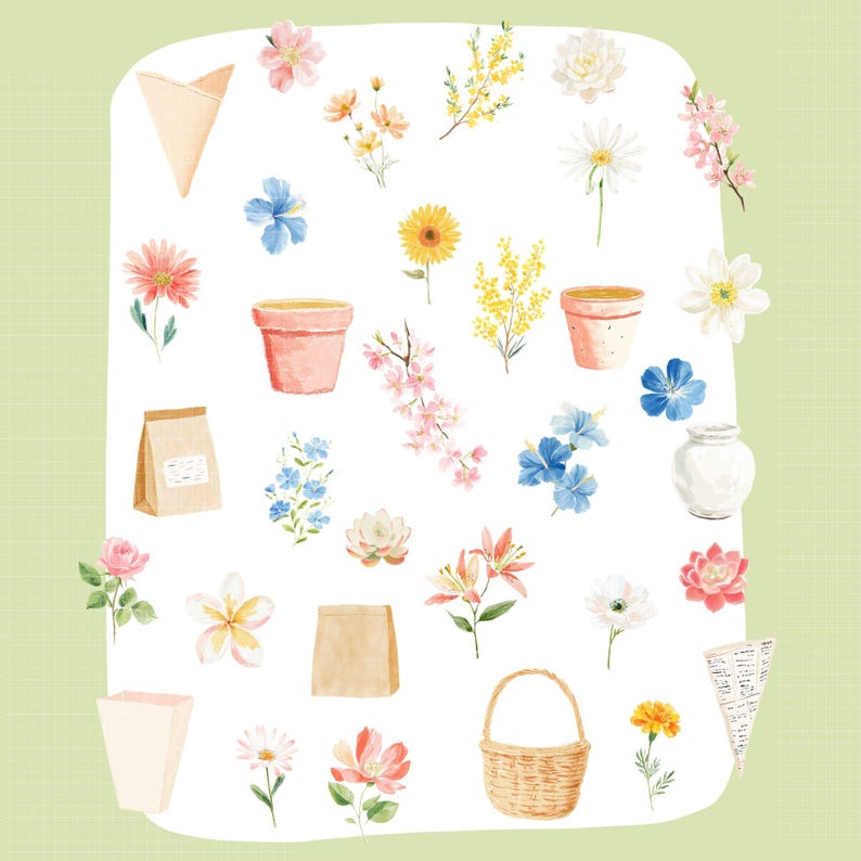 May include: Watercolor illustration of various flowers, pots, and gardening accessories. The image features a variety of colorful blooms, including roses, lilies, and daisies, along with small pots, paper bags, and a wicker basket.
