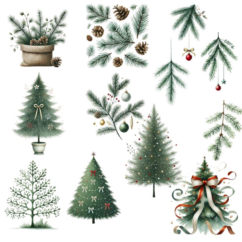Watercolor Christmas Tree Clipart Bundle (PNG) - Etsy