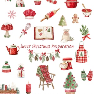 Clipart de repostería navideña en acuarela, PNG de cocina navideña acogedora, elementos festivos de panadería