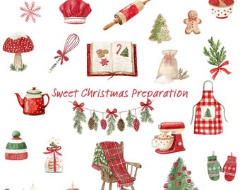 Watercolor Christmas Baking Clipart, Cozy Holiday Kitchen PNG, Festive Bakery Elements