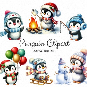 Aquarelle pingouin Clipart, Clipart Noël pingouin, hiver pingouin PNG, Transparent, téléchargement immédiat, usage personnel, usage Commercial