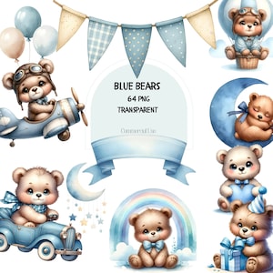 Ours avec des ballons PNG, Clipart bleu ours en peluche, aquarelle ours PNG, baby shower pour un garçon, décoration de chambre d'enfant, thème de fête d'anniversaire pour un garçon