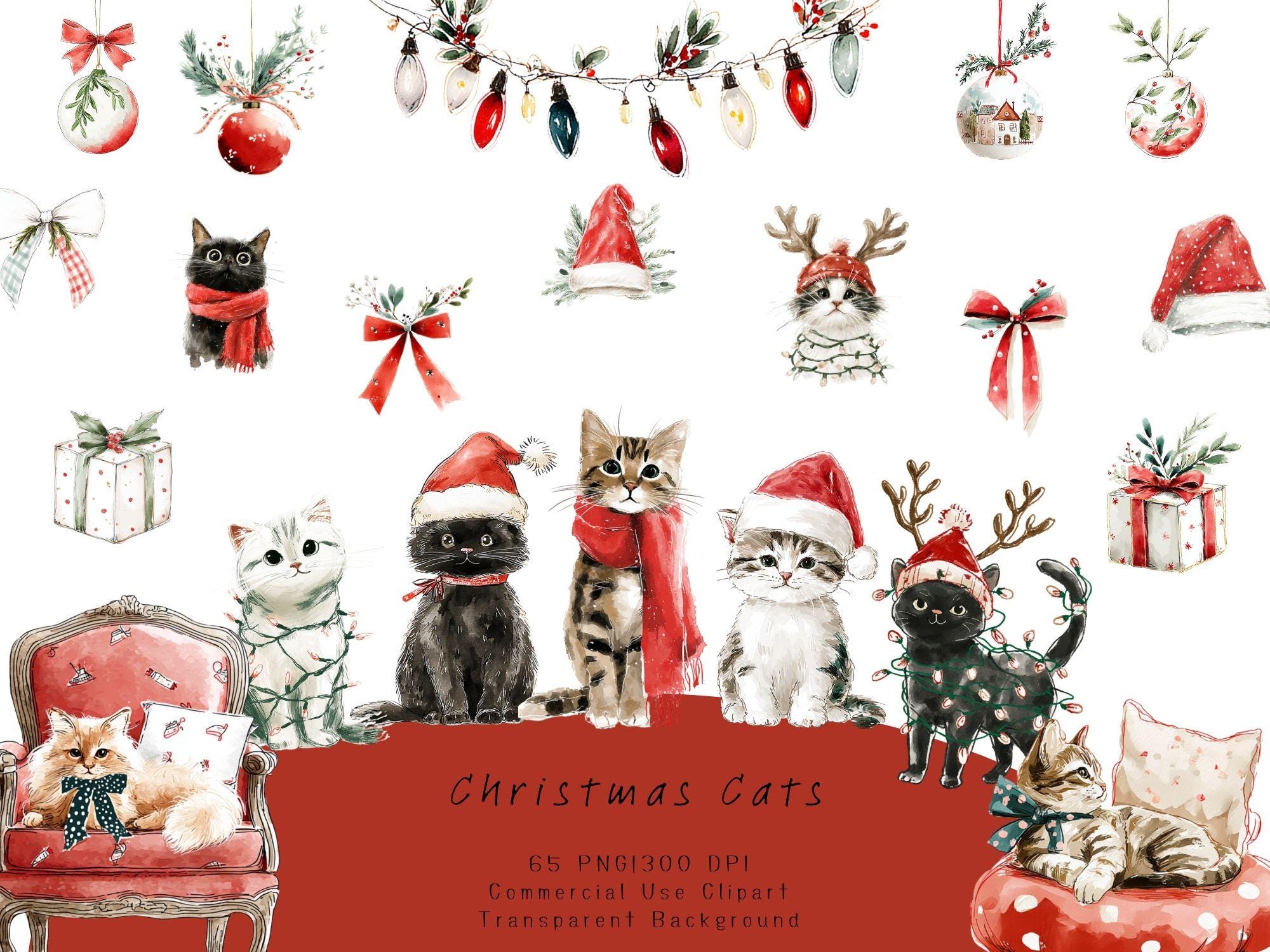 Watercolor Christmas Cat Clipart, Holiday Kitty PNG, Whimsical Festive ...