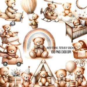 Ursinho de pelúcia clipart, urso com balões PNG, ursinho de pelúcia neutro clipart, chá de bebê, decoração de quarto de bebê, festa de aniversário, ursinho fofo clipart