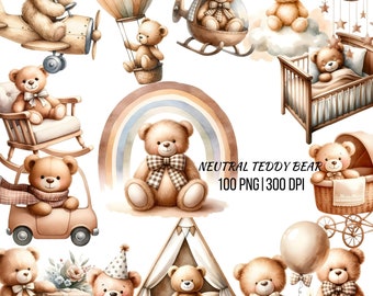 Watercolor Teddy Bear Clipart: Neutral Baby Shower PNG