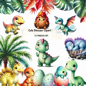Clipart de dinosaurio de acuarela, dinosaurio PNG, lindo clipart de dinosaurio, decoración de guardería de dinosaurios, volcán y árbol