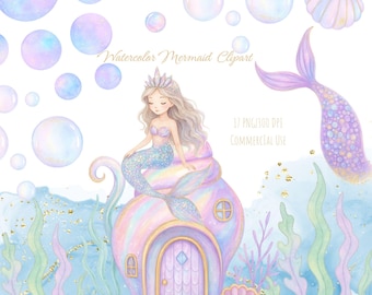 Peut inclure: Illustration à l'aquarelle d'une sirène assise sur une maison en coquillage aux couleurs pastel. La sirène a de longs cheveux blonds et une couronne. Des bulles et des plantes aquatiques entourent la maison. Le texte "Watercolor Mermaid Clipart" est visible.