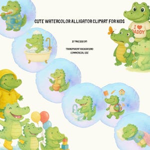 Watercolor Alligator Clipart, Alligator Nursery Decor Clipart, Cute Baby Alligator PNG, Digital Download for Wall Art, Alligator Baby Shower