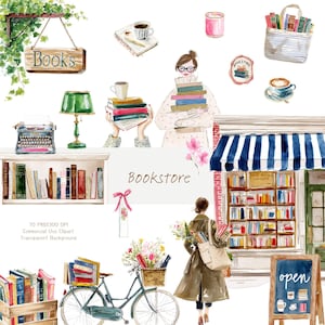 May include: A watercolour illustration depicting a bookstore. The image includes a sign that says "Books", a bicycle with a basket of flowers and books, and a woman carrying books. There is a storefront with books and an "open" sign.