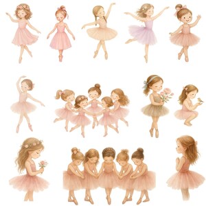 May include: A digital illustration of 13 girls dressed in pink and white tutus, with flowers in their hair, in various ballet poses. Some girls are holding flowers, while others are holding birds.