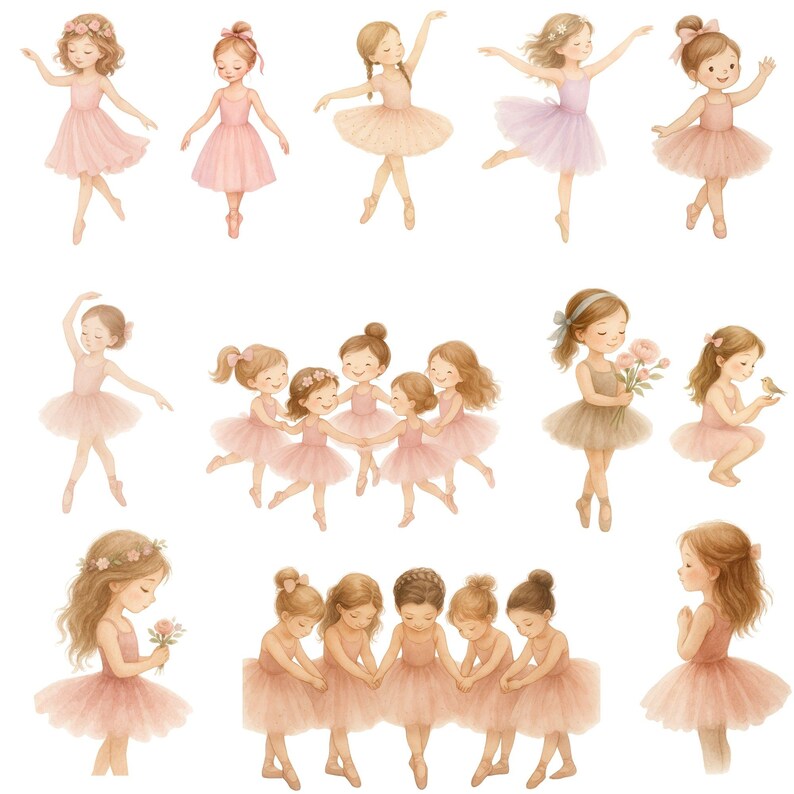 May include: A digital illustration of 13 girls dressed in pink and white tutus, with flowers in their hair, in various ballet poses. Some girls are holding flowers, while others are holding birds.