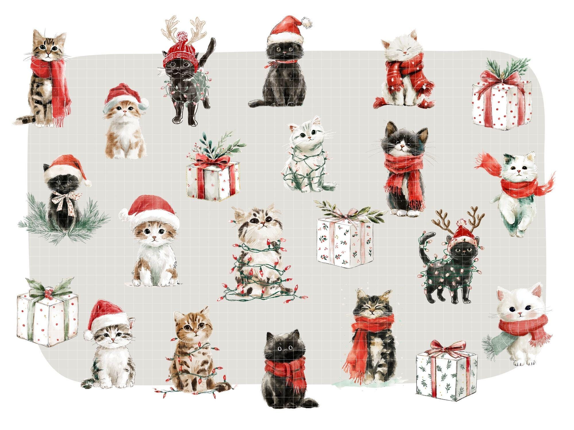 Watercolor Christmas Cat Clipart, Holiday Kitty PNG, Whimsical Festive ...