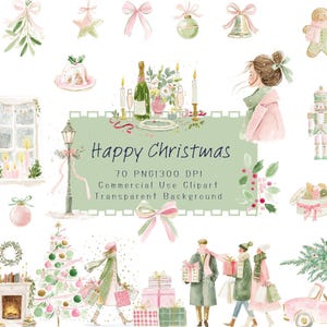 以下が含まれることがあります： クリスマスのテーマの水彩イラスト。画像には、クリスマスツリー、ギフト、人々などのお祝いの要素が含まれています。「Happy Christmas」というテキストが、他のテキストとともに緑色のバナーに表示されています。