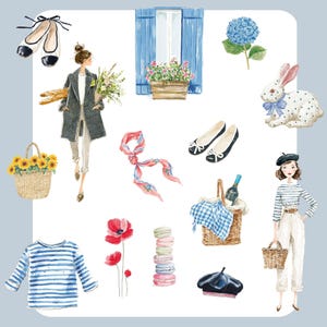 May include: Watercolor illustration featuring a Parisian theme. Includes a woman with a coat, a striped shirt, a beret, ballet flats, a picnic basket, a scarf, a bunny, flowers, and macarons. The color palette is soft and pastel.