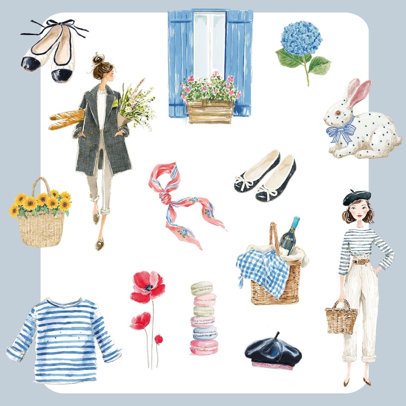May include: Watercolor illustration featuring a Parisian theme. Includes a woman with a coat, a striped shirt, a beret, ballet flats, a picnic basket, a scarf, a bunny, flowers, and macarons. The color palette is soft and pastel.