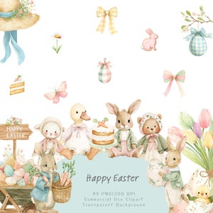Può includere: Illustrazione ad acquerello a tema pasquale. Presenta conigli, anatre, agnelli e un orso, tutti vestiti con abiti pastello. Include uova di Pasqua, fiocchi, fiori e una torta. Le parole "Happy Easter" sono visualizzate su un cartello di legno e al centro dell'immagine.