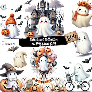 May include: A set of watercolour illustrations with adorable ghosts, pumpkins, bats, and a haunted house. The text "Happy Halloween" and "Cute Goost Collection" are visible. The images are in a whimsical style, ideal for Halloween-themed projects.