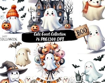 Lindo fantasma de Halloween, clipart de Halloween, clipart de fiesta de Halloween, diseño de sublimación de otoño, clipart de Halloween en acuarela