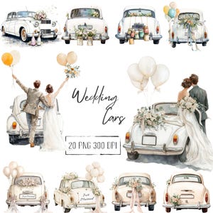 May include: Watercolor illustrations of vintage wedding cars, decorated with flowers and ribbons. Some cars have balloons and couples. The text "Wedding Cars" is displayed in a script font. The image also includes the text "20 PNG 300 DPI".