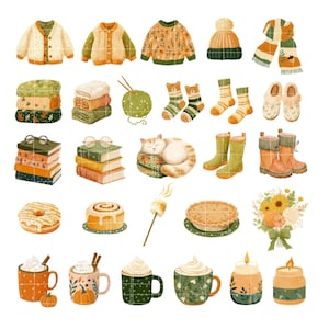 Op de afbeelding: Een verzameling herfstthema-illustraties. Bevat truien, sokken, laarzen, boeken, een kat, etenswaren zoals donuts, taart en mokken met warme dranken en andere gezellige items. Het kleurenpalet is warm, met oranje, groen en bruin.