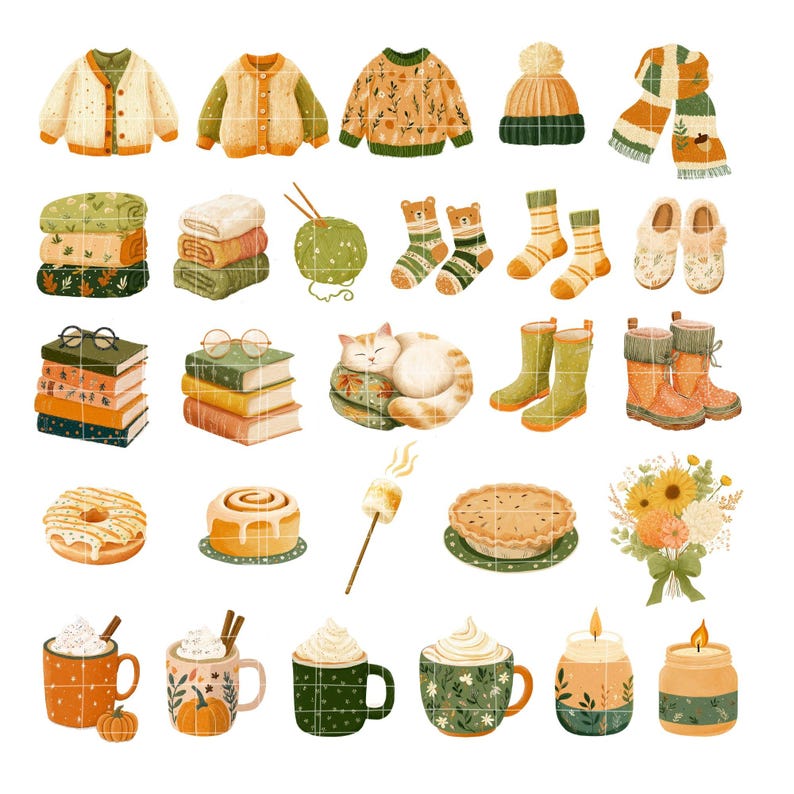 Op de afbeelding: Een verzameling herfstthema-illustraties. Bevat truien, sokken, laarzen, boeken, een kat, etenswaren zoals donuts, taart en mokken met warme dranken en andere gezellige items. Het kleurenpalet is warm, met oranje, groen en bruin.