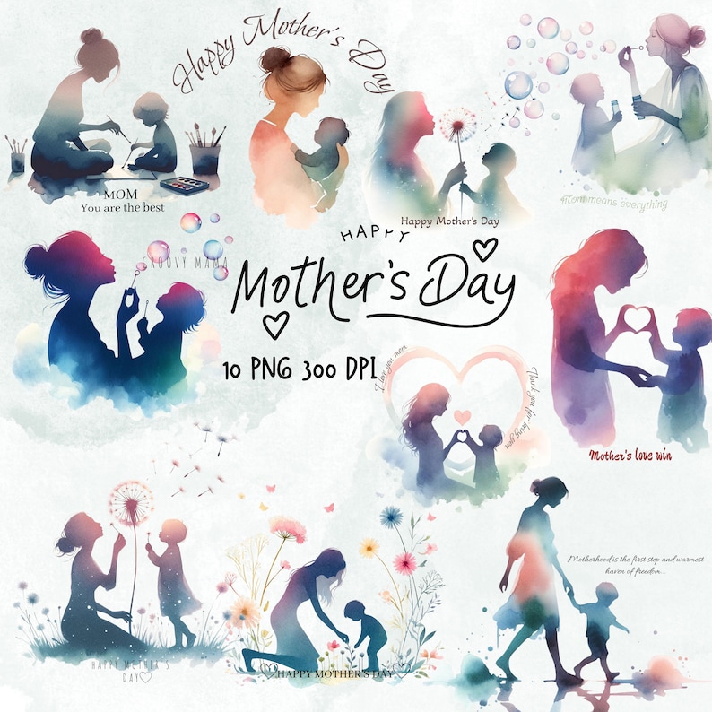 Op de afbeelding: Een set van 10 aquarel illustraties met moeders en kinderen. De illustraties zijn in tinten roze, blauw en paars, en tonen verschillende sc&egrave;nes van moeders en kinderen die met elkaar omgaan. De illustraties zijn perfect voor Moederdagkaarten, scrapbookpagina's of andere creatieve projecten.