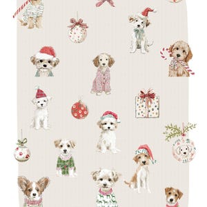 May include: A collection of watercolor illustrations featuring various dog breeds in festive holiday attire. The dogs are wearing Santa hats, sweaters, and pajamas, with candy canes and ornaments. The background is a light beige with a subtle grid pattern.