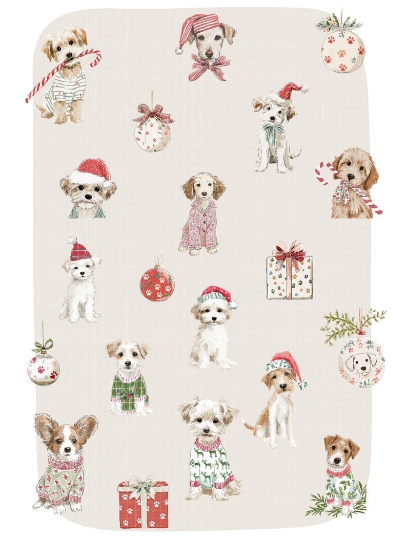 May include: A collection of watercolor illustrations featuring various dog breeds in festive holiday attire. The dogs are wearing Santa hats, sweaters, and pajamas, with candy canes and ornaments. The background is a light beige with a subtle grid pattern.