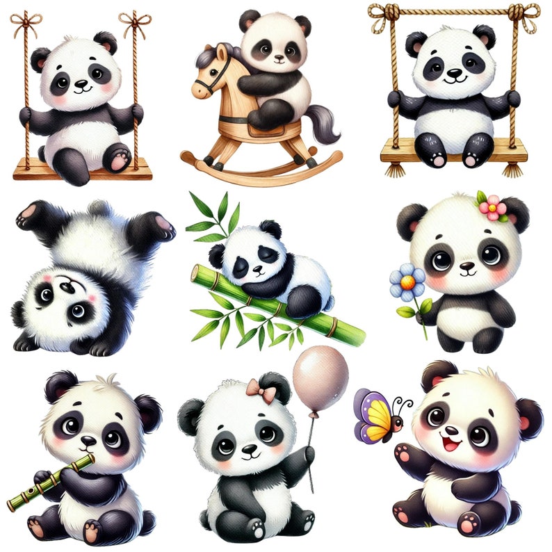 May include: A collection of nine adorable cartoon panda bears in various poses. Some pandas are on a swing, a rocking horse, a bamboo branch, and holding a balloon. One panda is playing a flute. All pandas are black and white with cute expressions.