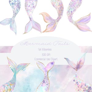 Watercolor Mermaid Tail Clipart Set: Pastel Fins, Glitter (PNG, JPG, Digital Paper, Commercial Use)