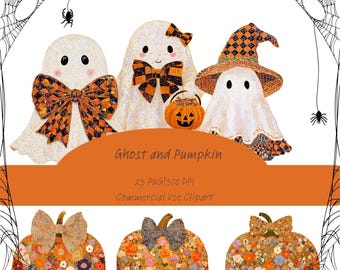 Watercolor Ghost and Pumpkin Clipart, Fall Autumn PNG (Digital Download)