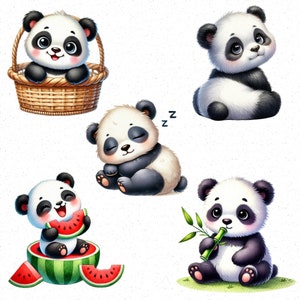 May include: Five adorable cartoon panda bears in various poses. One panda is sitting in a wicker basket, another is sleeping, one is holding a watermelon slice, one is sitting with a bamboo stick, and one is sitting with its paws crossed.