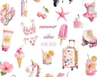 Watercolor Summer Clipart: Beach Vacation PNG Illustrations