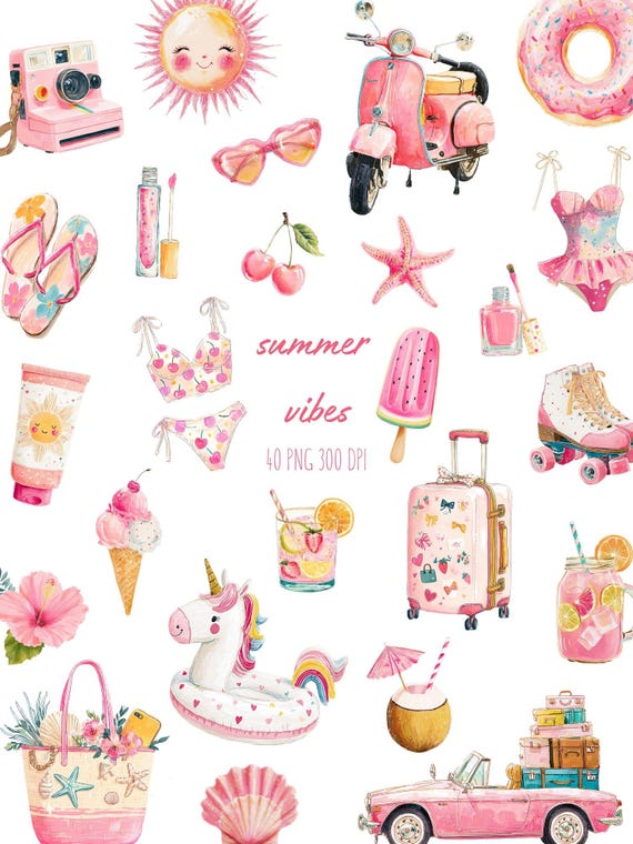 Watercolor Summer Clipart: Beach Vacation PNG Illustrations