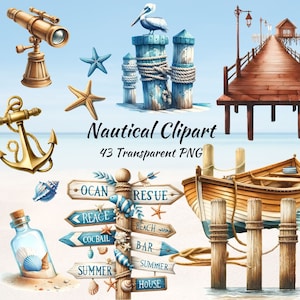 Clipart náutico de acuarela, clipart de verano, clipart PNG de playa, clipart náutico, PNG costero, clipart marino, faro, marinería