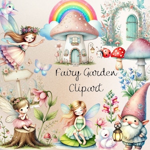 Clipart de bosque de hadas en acuarela, clipart de jardín de hadas, linda hada PNG, casa de hadas, país de las hadas, clipart de hadas en colores pastel