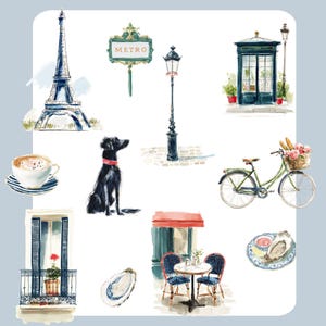May include: Watercolor illustration of Parisian scenes. Includes the Eiffel Tower, a black dog with a red collar, a bicycle with a basket of flowers, a cafe, a Metro sign, a street lamp, and a cup of coffee.