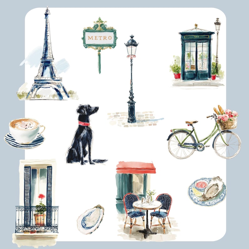 May include: Watercolor illustration of Parisian scenes. Includes the Eiffel Tower, a black dog with a red collar, a bicycle with a basket of flowers, a cafe, a Metro sign, a street lamp, and a cup of coffee.