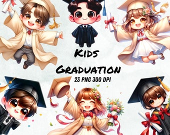 May include: Five cartoon children wearing graduation caps and gowns. The children are holding diplomas, flowers, and a graduation cap. The text "KIDS GRADUATION 23 PNG 300 DPI" is in the center of the image.