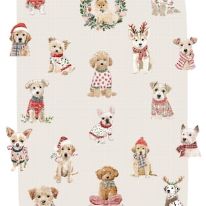 May include: A collection of illustrated dogs in festive attire. The dogs are wearing sweaters, scarves, and hats, with some posed near a Christmas wreath and gift box. The artwork has a soft, watercolor style, perfect for holiday-themed products.