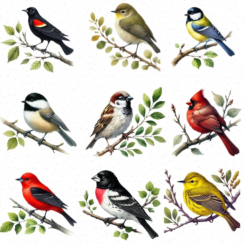 May include: A digital illustration of ten different bird species, including a cardinal, a chickadee, a blue jay, a goldfinch, a sparrow, a robin, a wren, a woodpecker, a hummingbird, and a dove. The birds are all perched on branches and are depicted in a realistic style.