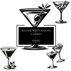 Martini Clipart: Black and White Cocktail Illustrations (PNG Files)