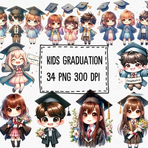 Clipart di laurea per bambini, cappello e diploma di scuola primaria, cerimonia di laurea per bambini, clipart di laurea ad acquerello, laurea in età prescolare