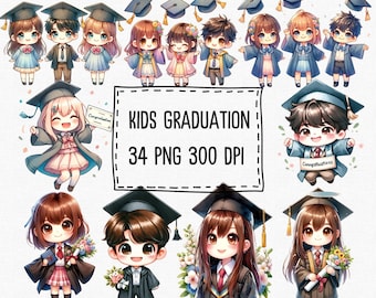 Watercolor Kids Graduation Clipart: Cap and Diploma (34 PNG Files)