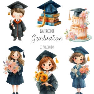 Watercolor Graduation Clipart, Graduation Cap, Diploma, Cake PNG, Children Graduate PNG, End of Year School Clipart, Elementary Graduation