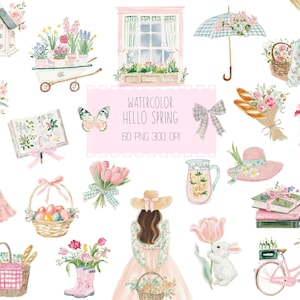 Paquete de imágenes prediseñadas de primavera en acuarela: ilustraciones florales caprichosas